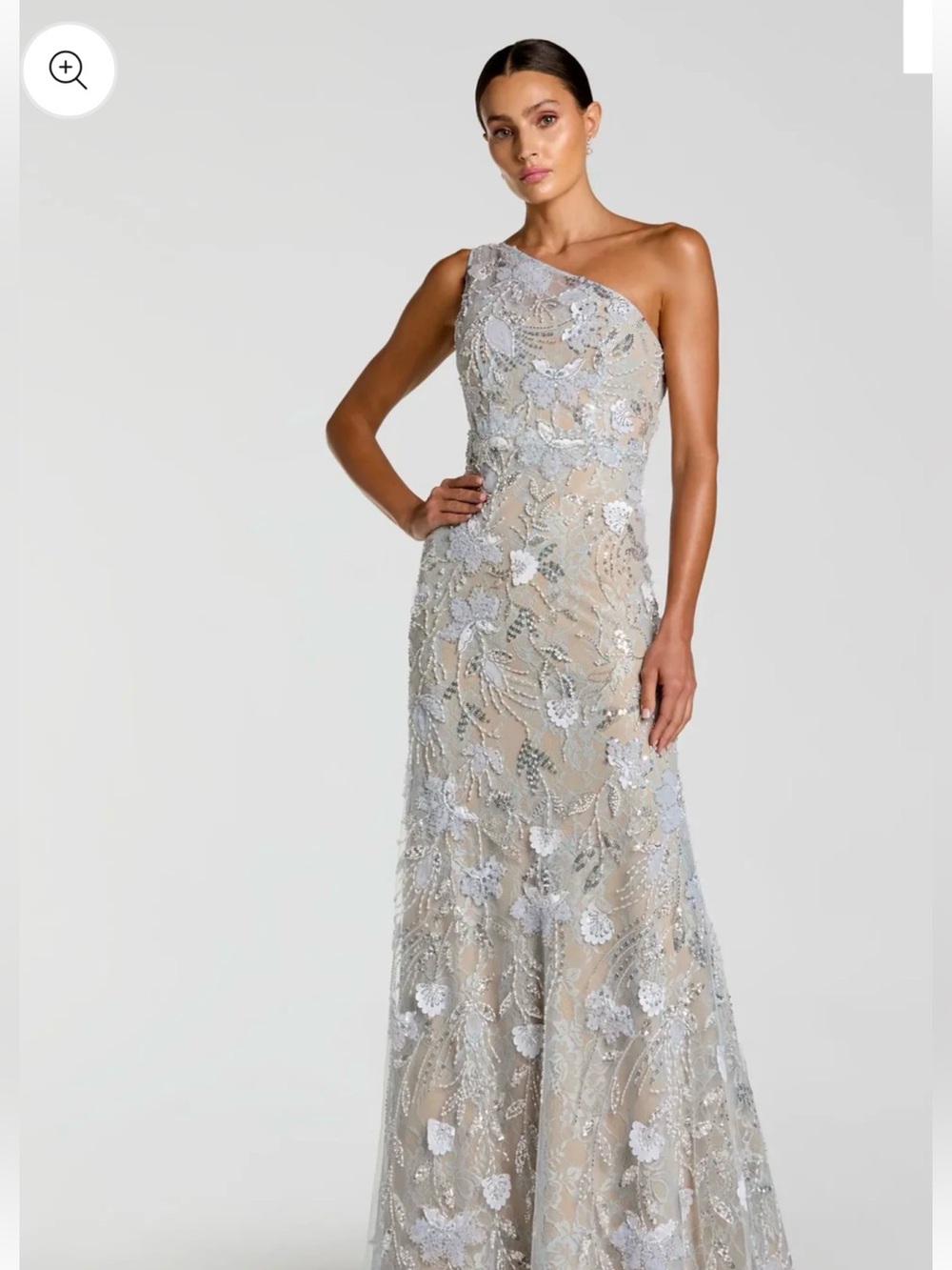 One-Shoulder Silver Embellished Evening Dress